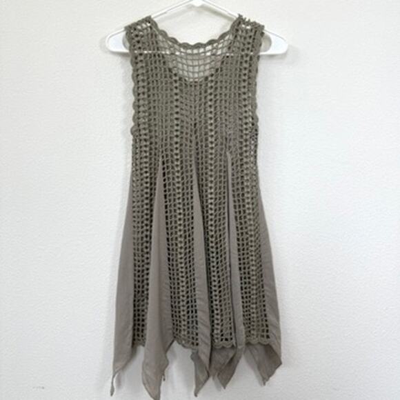 Mak B Taupe Crochet Knit Boho Handkerchief Hem Tunic Top S Festival Layering - Picture 5 of 6